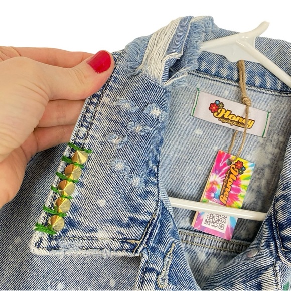Handmade Jean Jacket Womens Small Denim Floral Mandala Blue Green Gold Upcycled - Picture 4 of 14